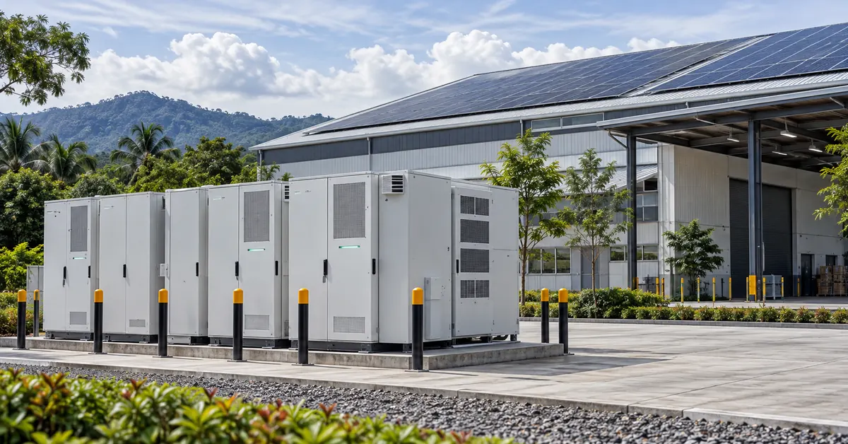 Battery storage cabinets beside an industrial warehouse with rooftop solar panels.