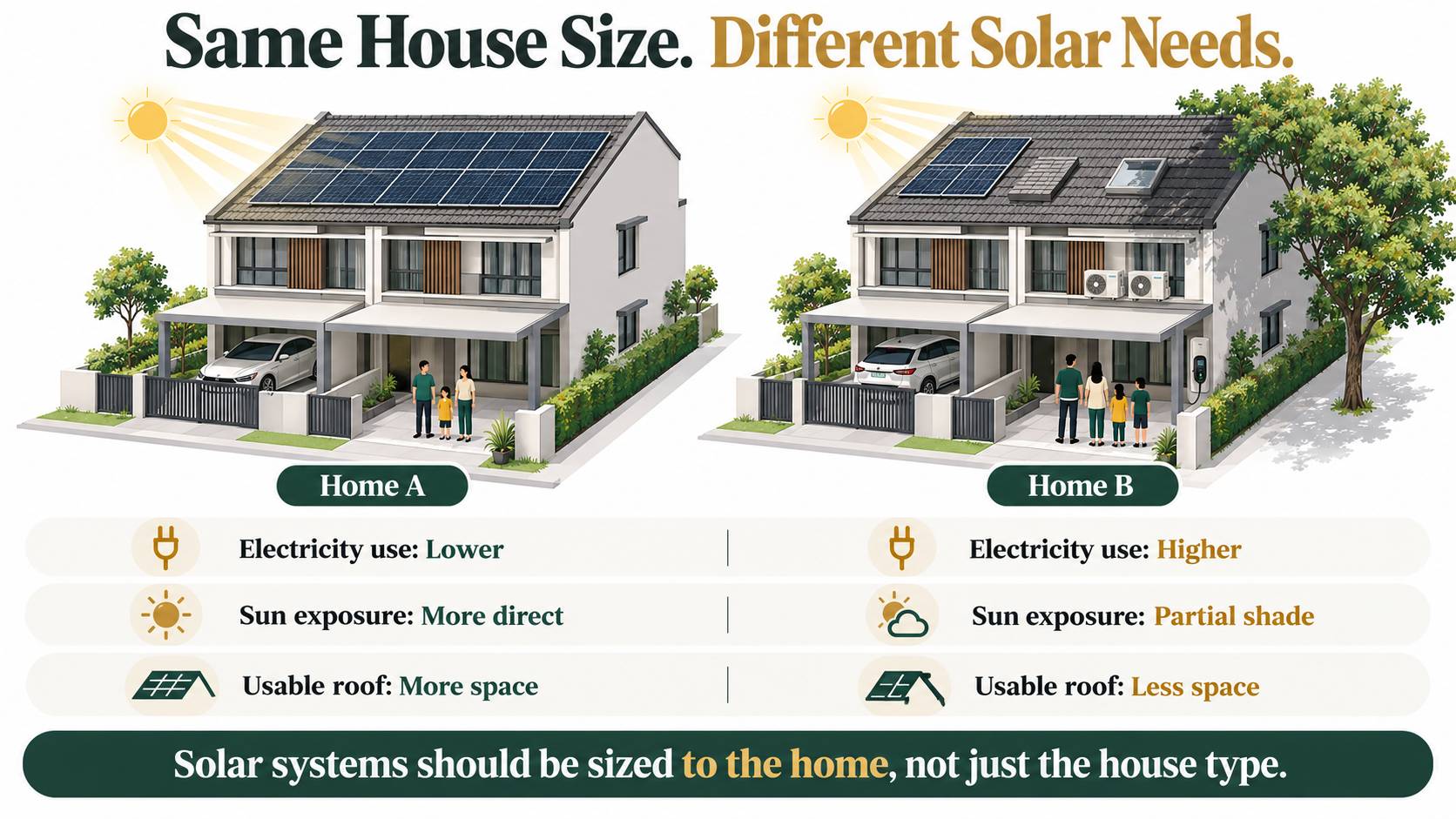 Infographic comparing two Malaysian terrace houses with different electricity usage, sunlight exposure and roof space for solar panel installation.