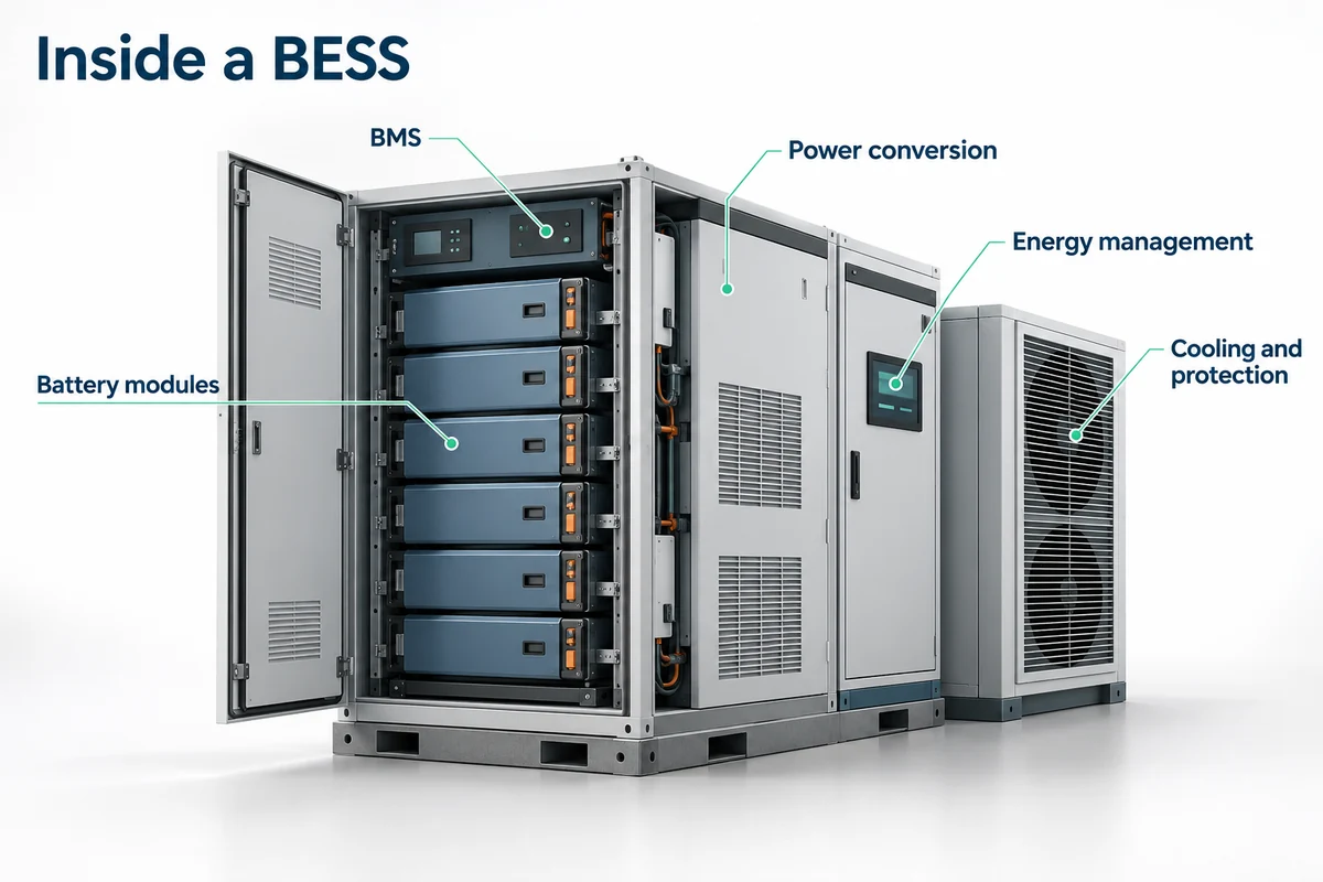 BESS cutaway showing battery modules, battery management, power conversion, energy management and cooling systems.