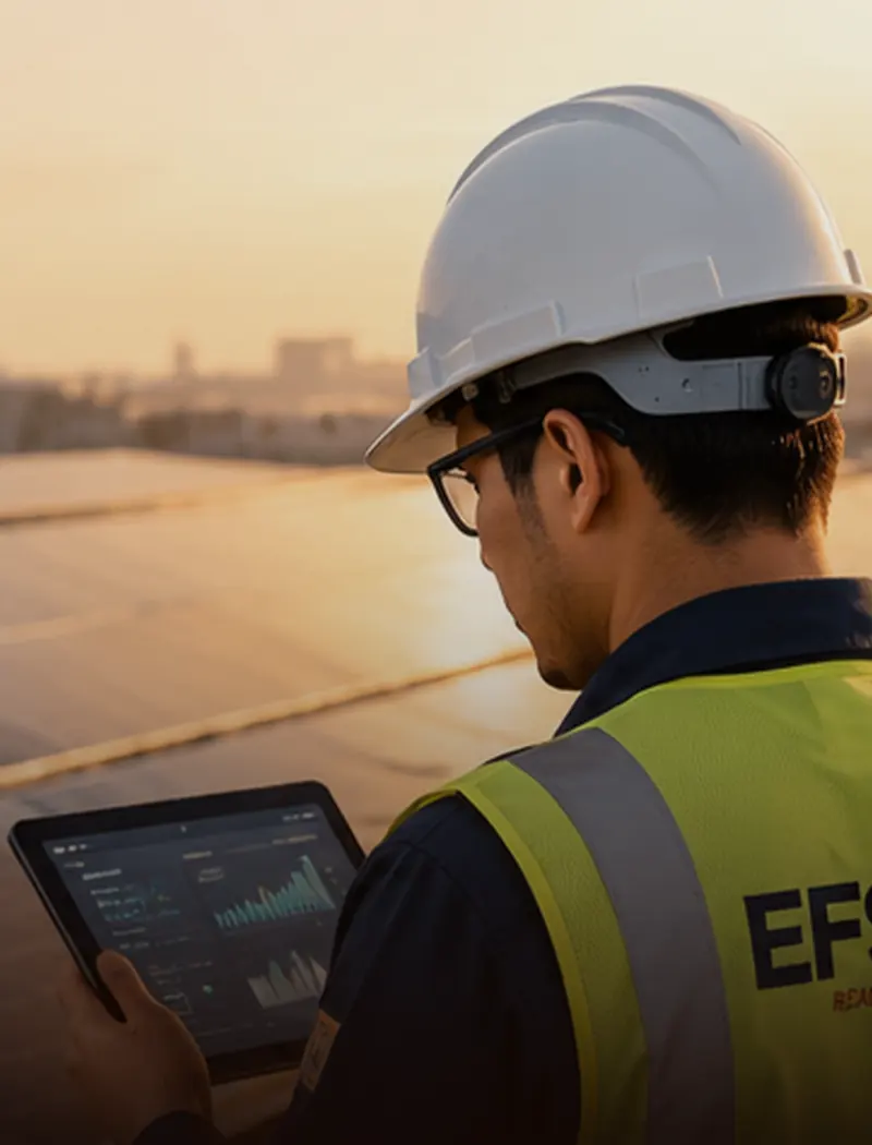 Solar technician monitoring rooftop solar panels to assess system performance and maintenance needs