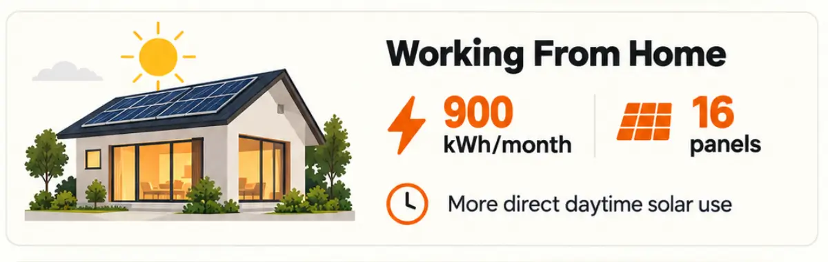 Work-from-home household in Malaysia consuming 900 kWh monthly, with 16 solar panels and greater daytime solar electricity use.